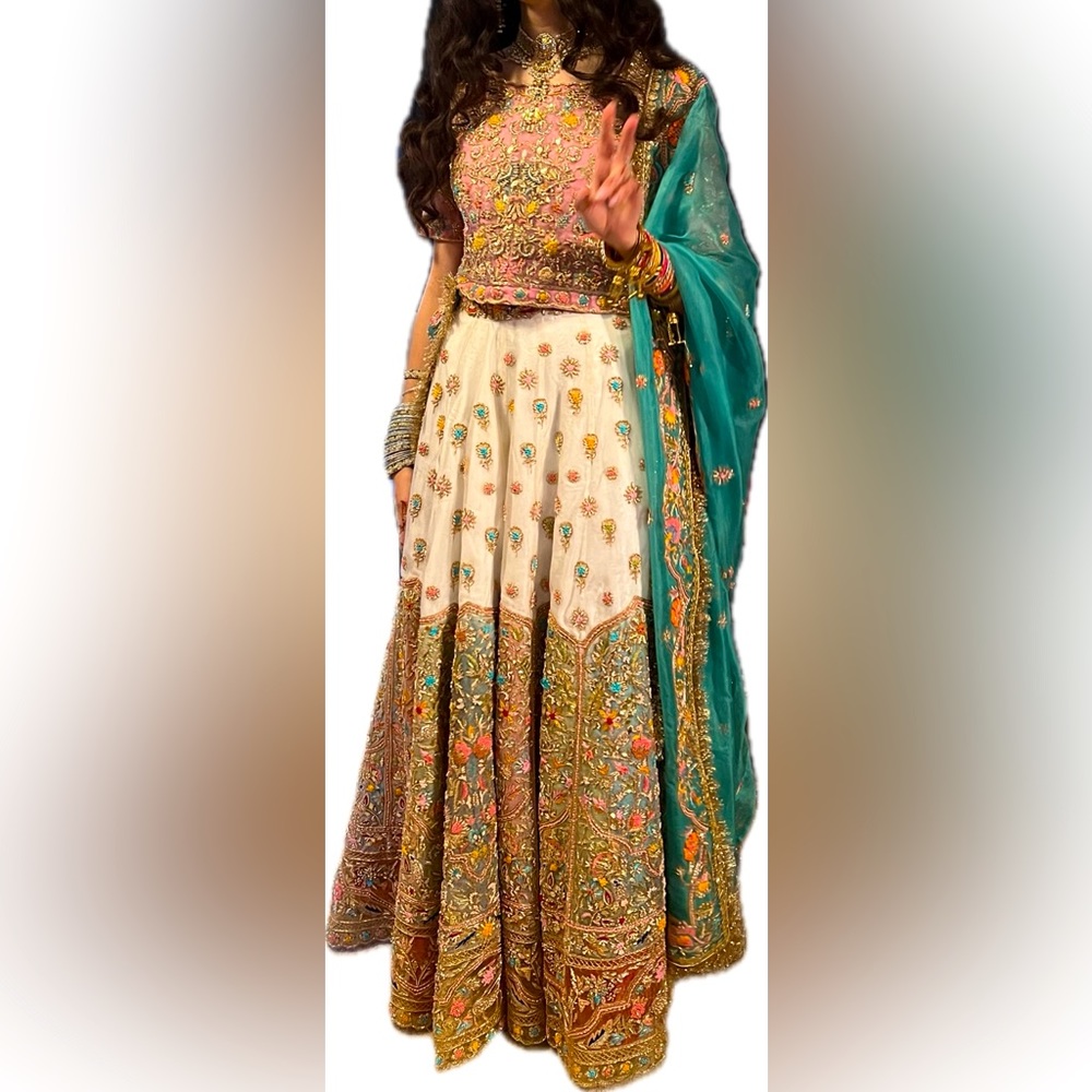 Short Sleeve Colorful Lengha, with matching bag and bangles, exquisite handwork